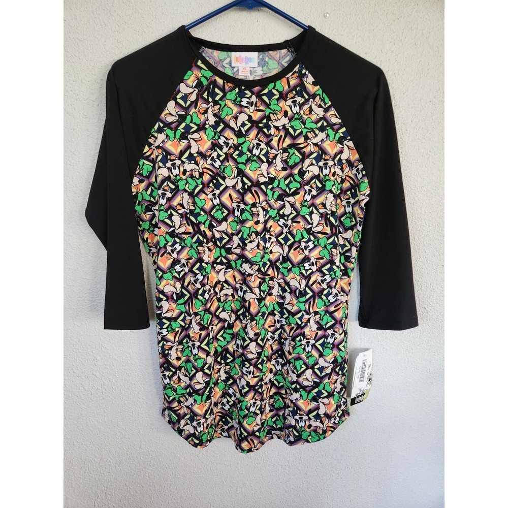 Lularoe Randy Disney Top Goofy Pattern Black Sleeves Womens XS NWT